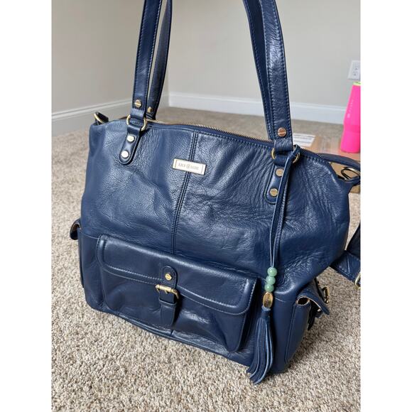 Lily Jade 100% Genuine Leather Blue Convertible Diaper Bag Backpack Meggan - Picture 1 of 16